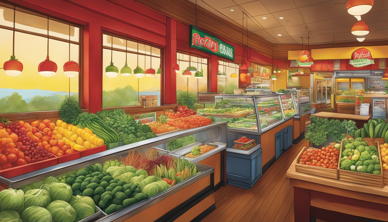 A vibrant display of fresh, organic produce and eco-friendly packaging at a Red Robin restaurant, showcasing their commitment to sustainable and healthy ingredients