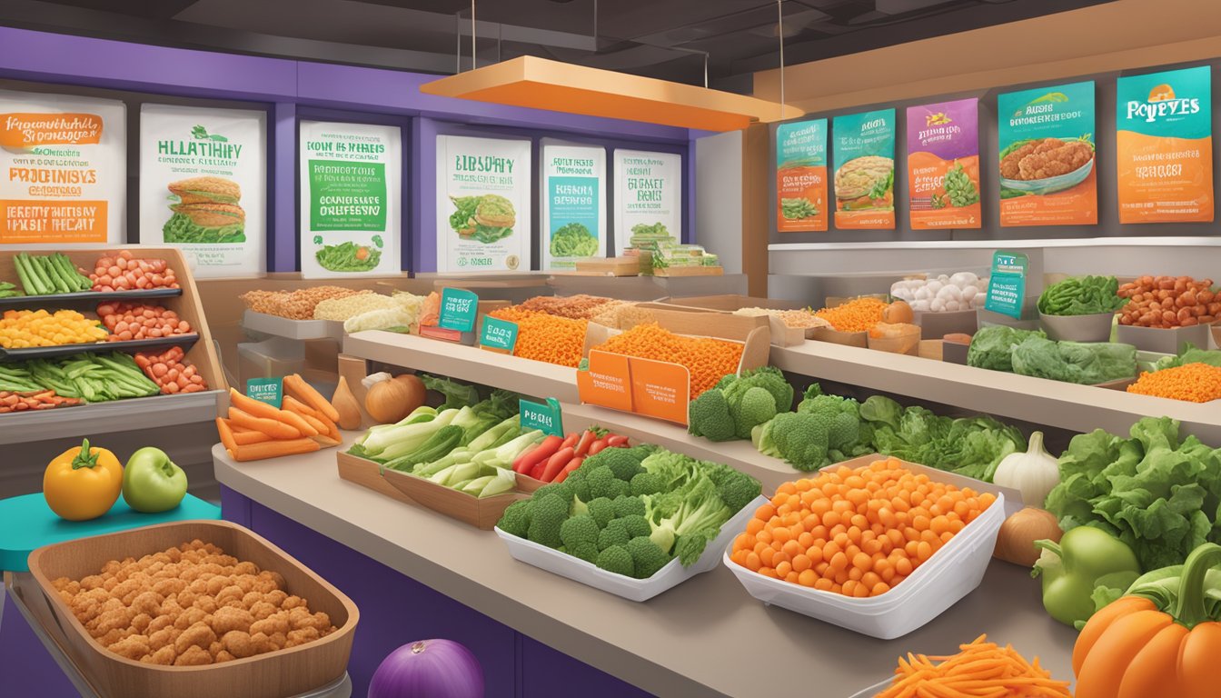 A colorful display of fresh vegetables and lean proteins on a table, surrounded by vibrant signage promoting limited-time healthy options at Popeyes