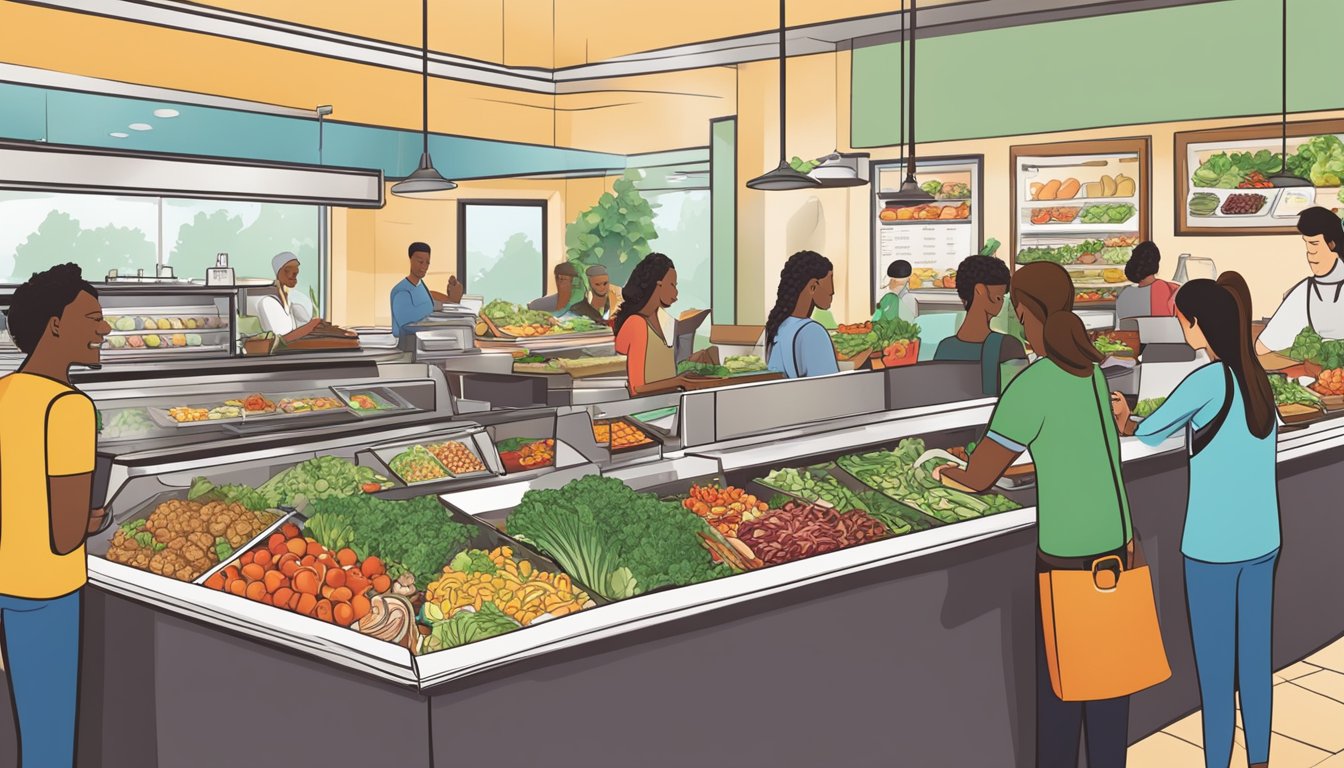 A bustling restaurant with a vibrant salad bar and a menu featuring healthy options. Customers redeeming rewards for their nutritious choices at the register