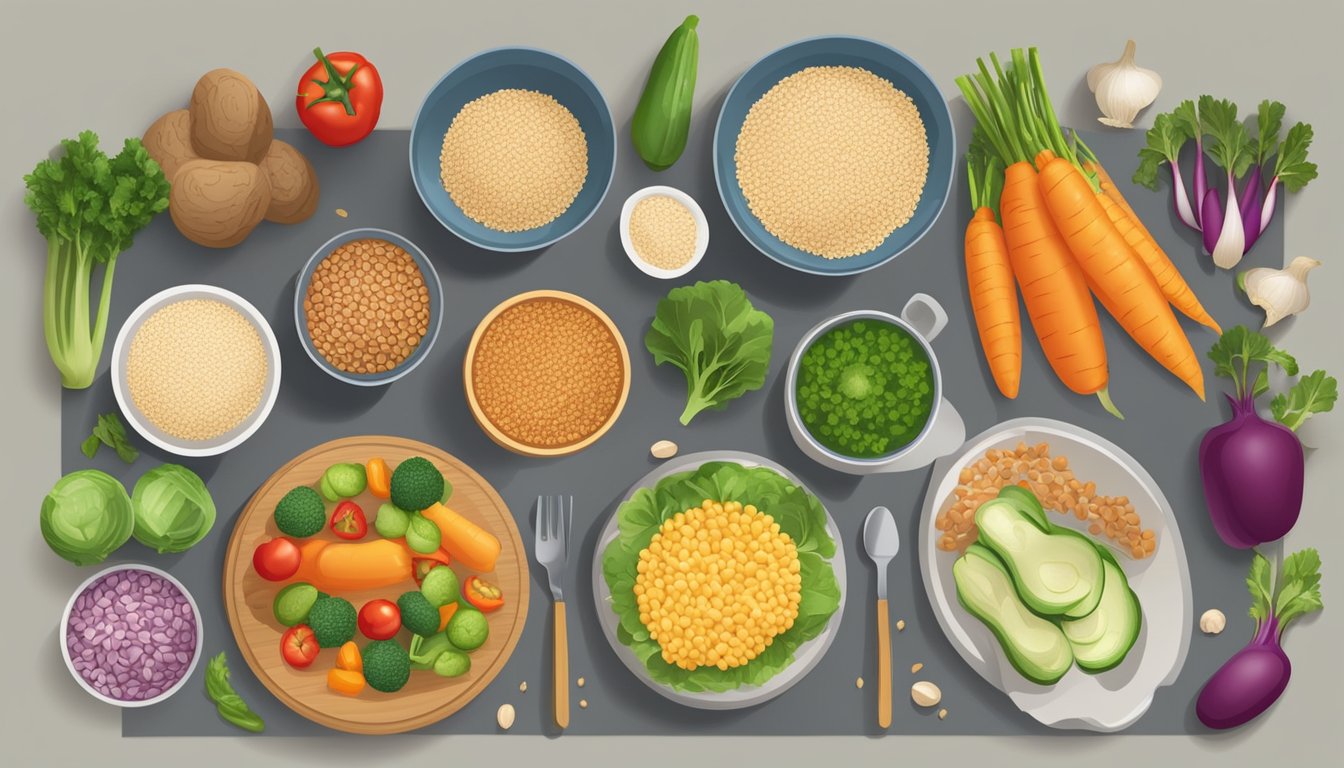 A table with a variety of fresh vegetables, lean proteins, and whole grains laid out for meal customization