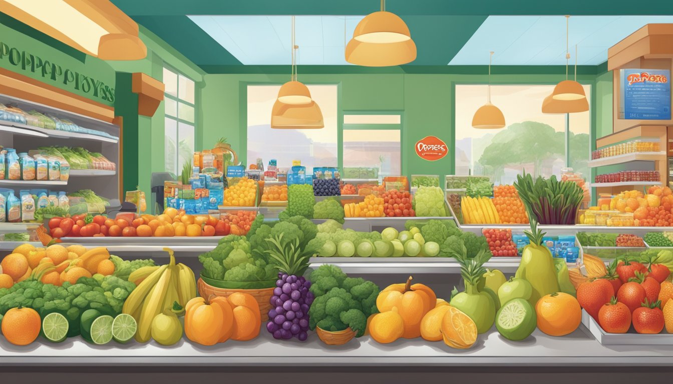 A colorful array of fresh fruits and vegetables displayed next to a variety of bottled water and herbal teas at a Popeyes restaurant