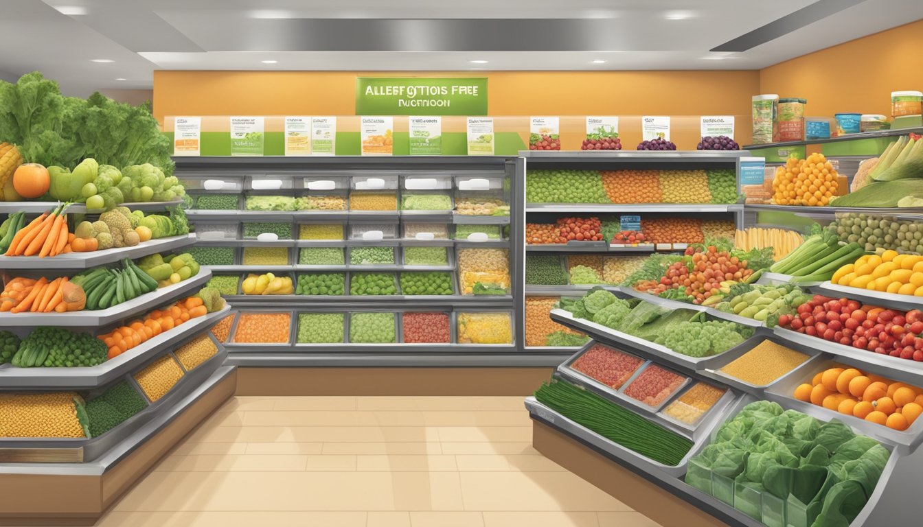 A colorful display of fruits, vegetables, and allergen-free products at a healthy options section in Moes, with clear dietary information signage