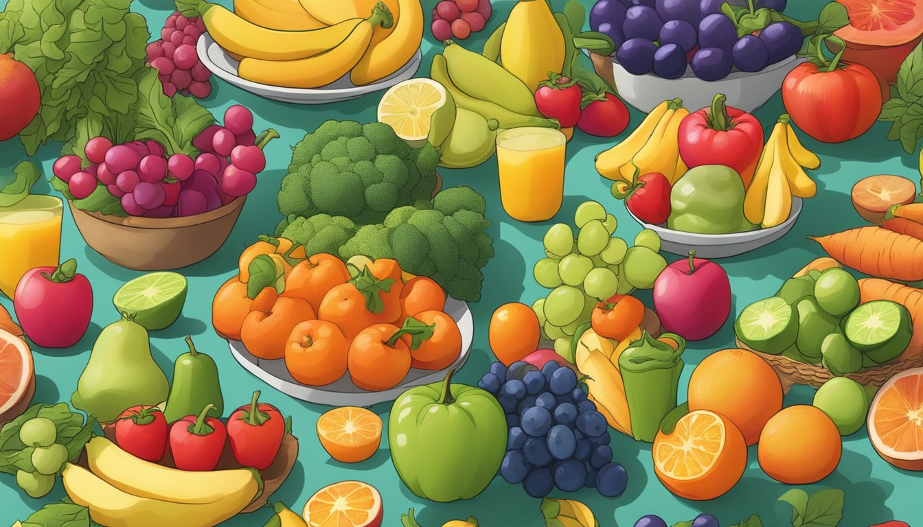 A colorful array of fresh fruits and vegetables displayed on a vibrant table at a children's event