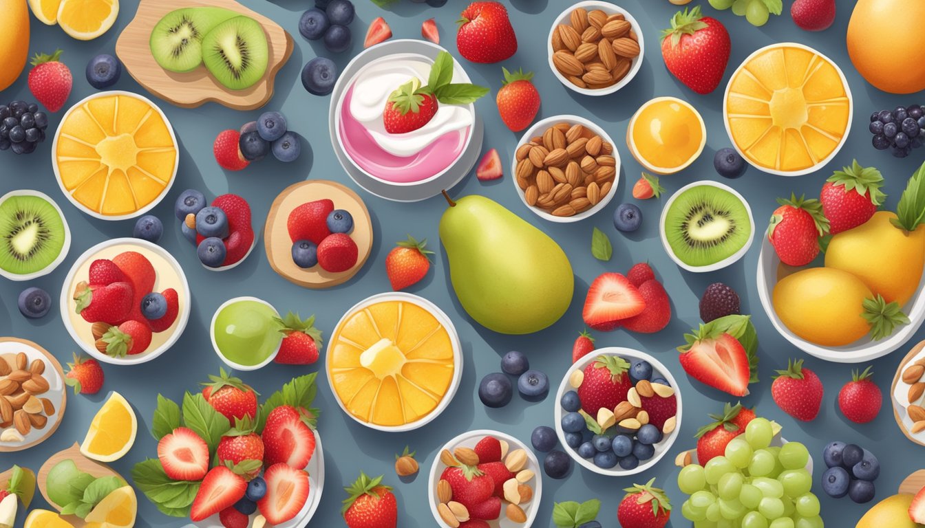 A table with a variety of colorful fruit platters, yogurt parfaits, and nut-based treats, surrounded by fresh ingredients and natural sweeteners