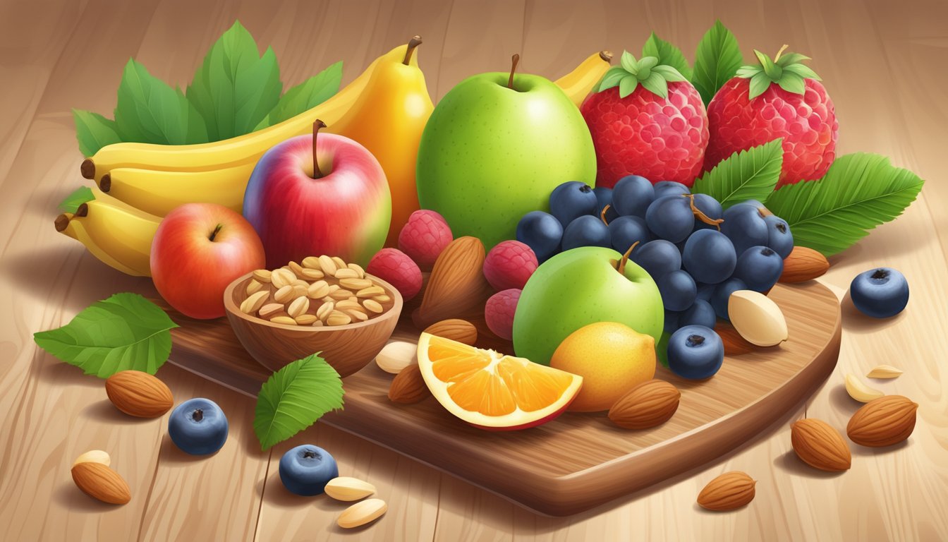 A colorful array of fresh fruits and nuts displayed on a wooden cutting board, surrounded by vibrant green leaves and a scattering of whole grains