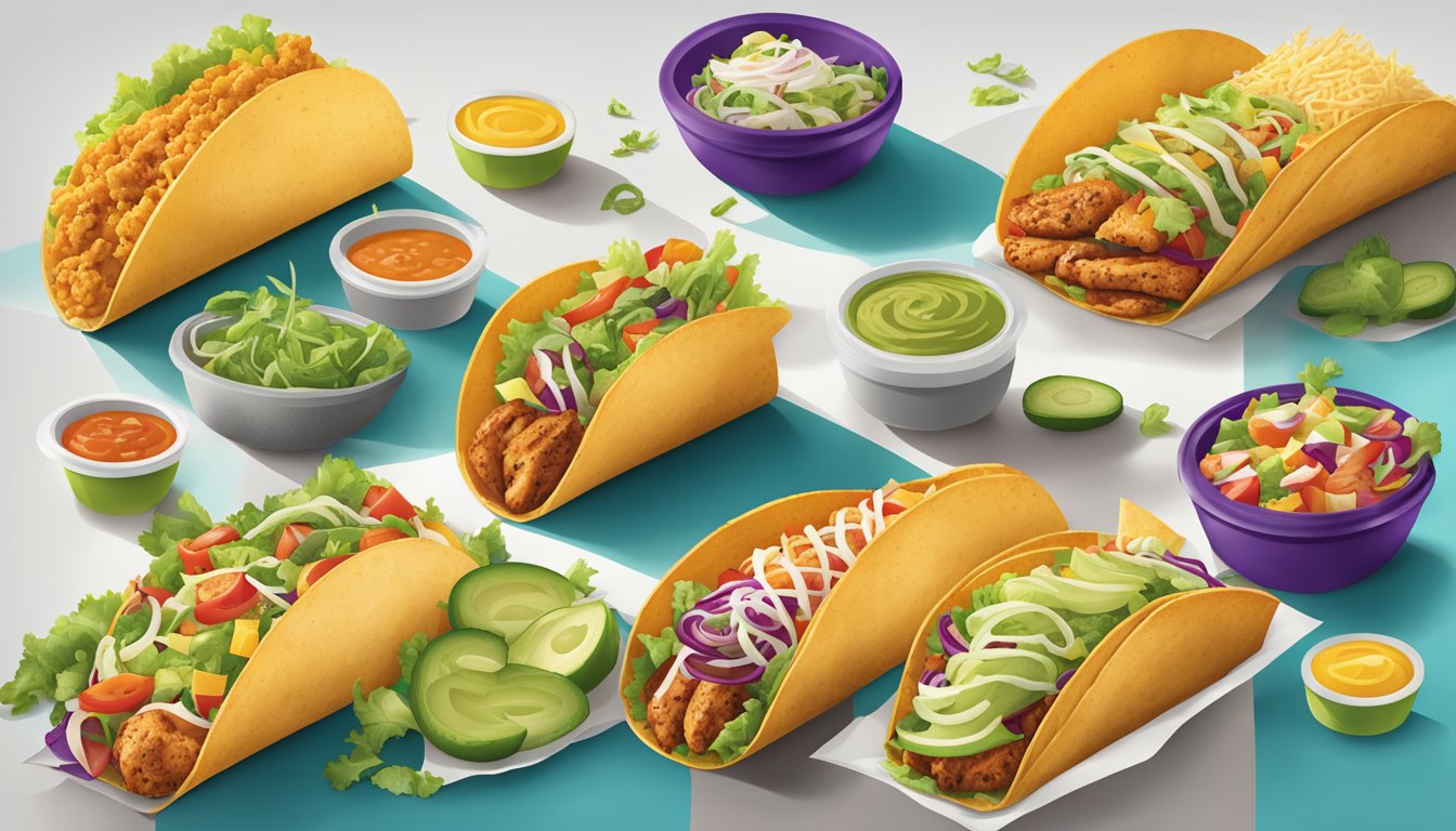 A colorful Taco Bell menu featuring a variety of healthy options, including salads, grilled chicken, and vegetarian choices