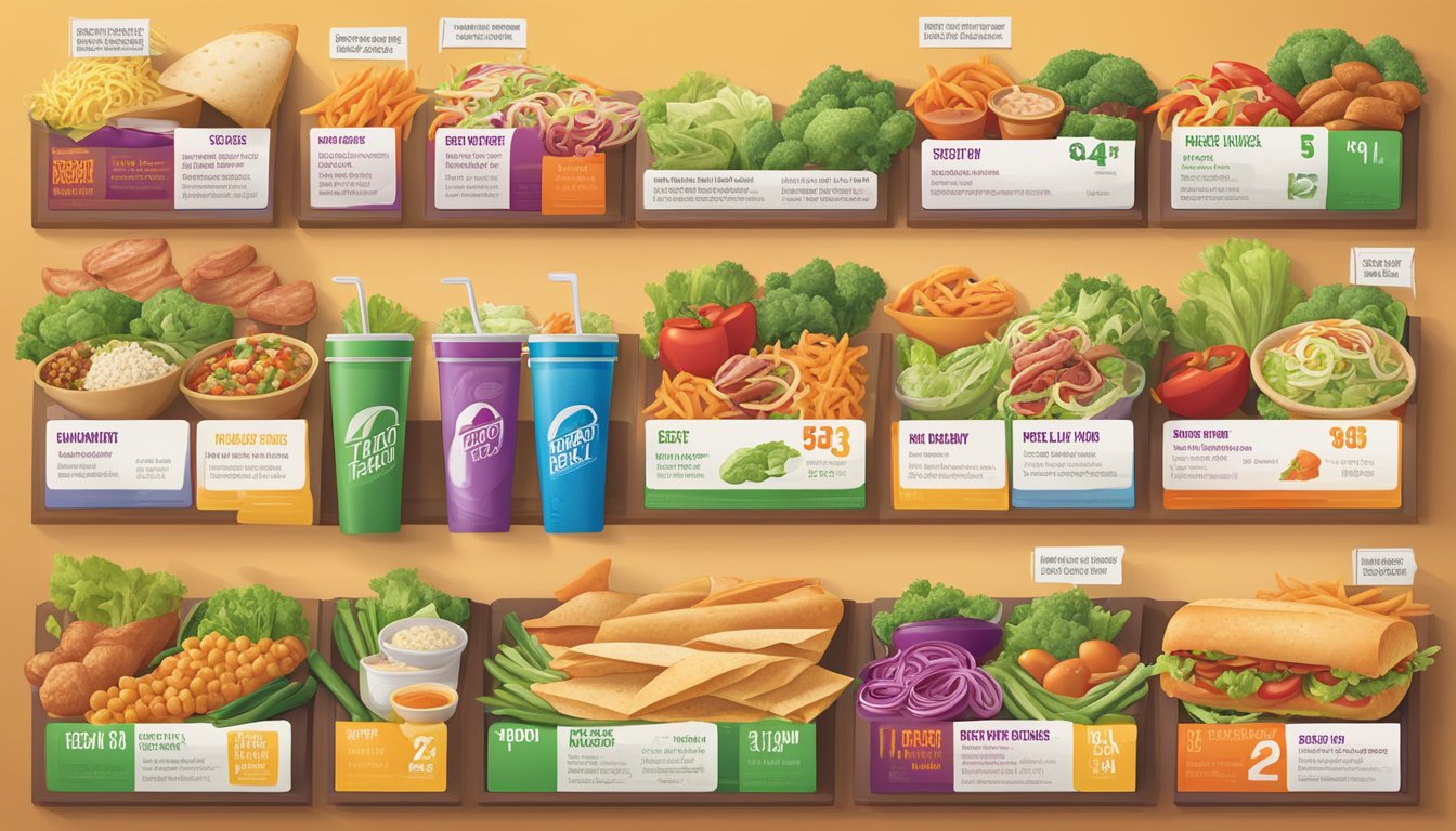 A colorful array of fresh vegetables and lean meats fill the menu board at Taco Bell, highlighting healthy options with reduced sodium and fats