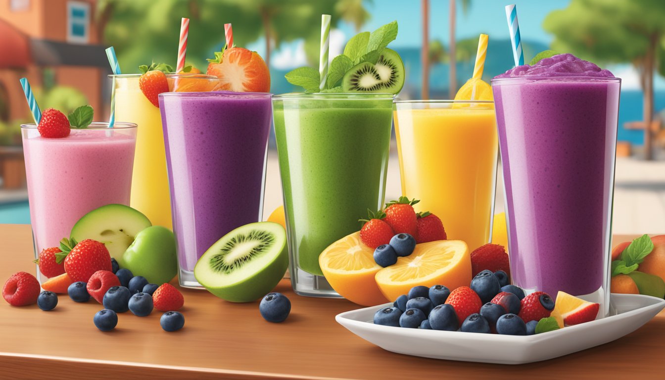 A colorful array of fresh fruit smoothies and vegetable-infused waters displayed on a vibrant, inviting table at Applebee's