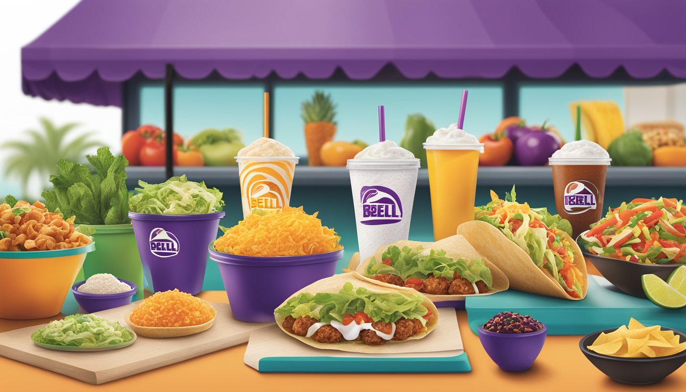 A colorful display of fresh, vibrant ingredients arranged on a menu board, featuring seasonal and limited-time healthy options at Taco Bell