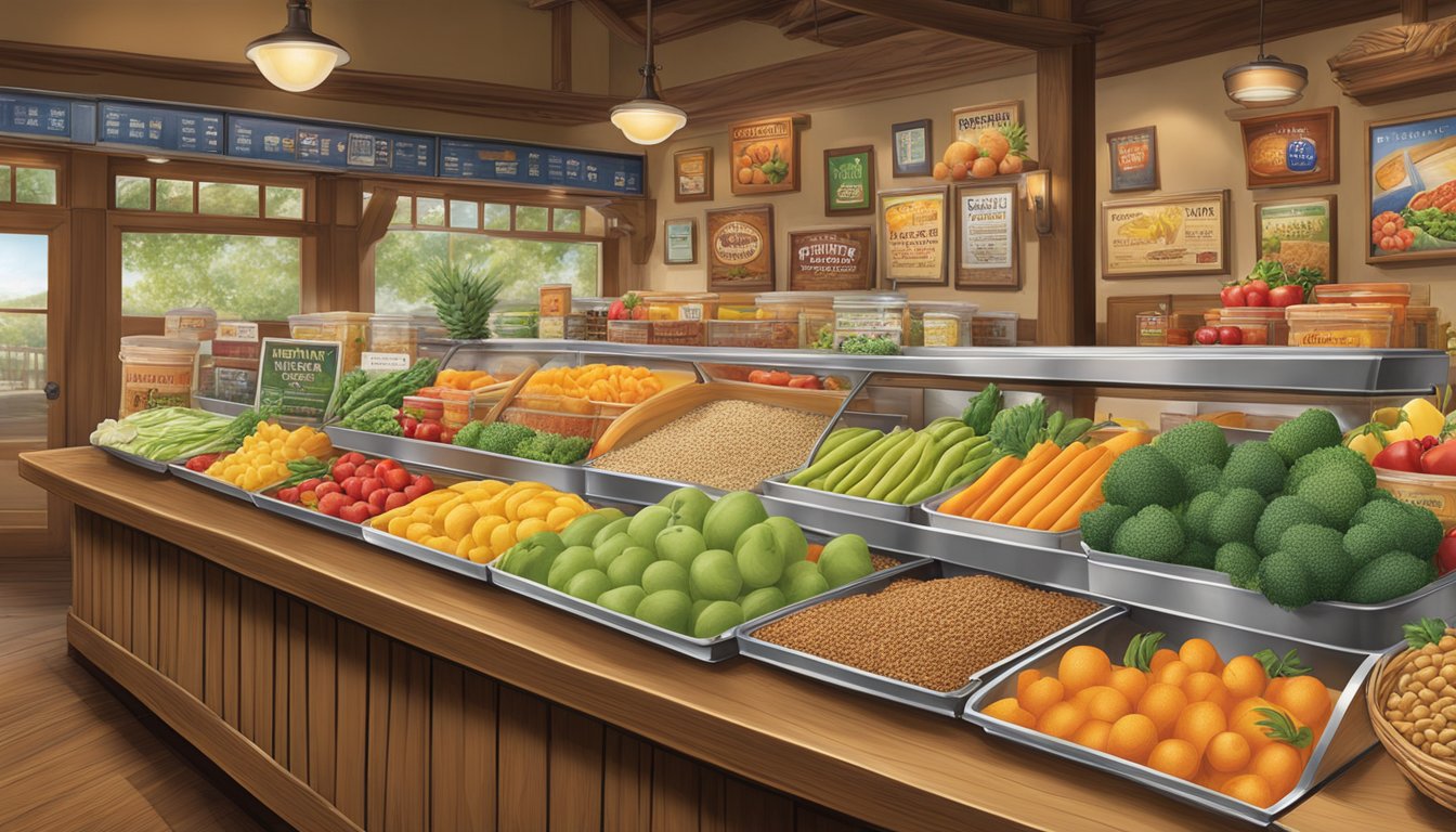 A colorful display of fresh fruits, vegetables, and whole grains at a Cracker Barrel restaurant, with a focus on healthy eating options