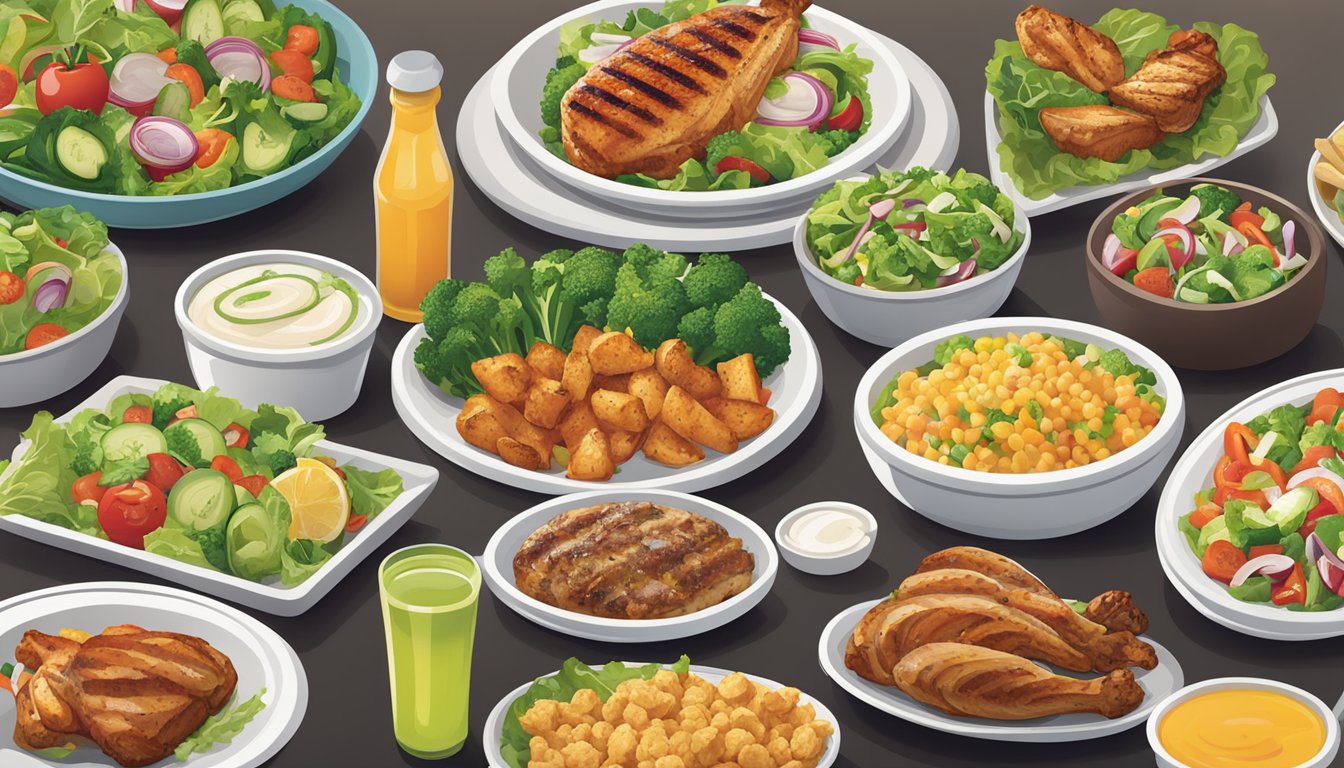 A table set with a variety of healthy meal options, including salads, grilled chicken, and steamed vegetables, at an Applebee's restaurant