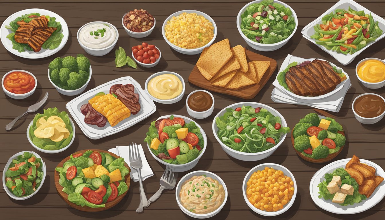 A table set with a variety of colorful and appetizing healthy menu options from Cracker Barrel, including fresh salads, grilled vegetables, and lean protein choices