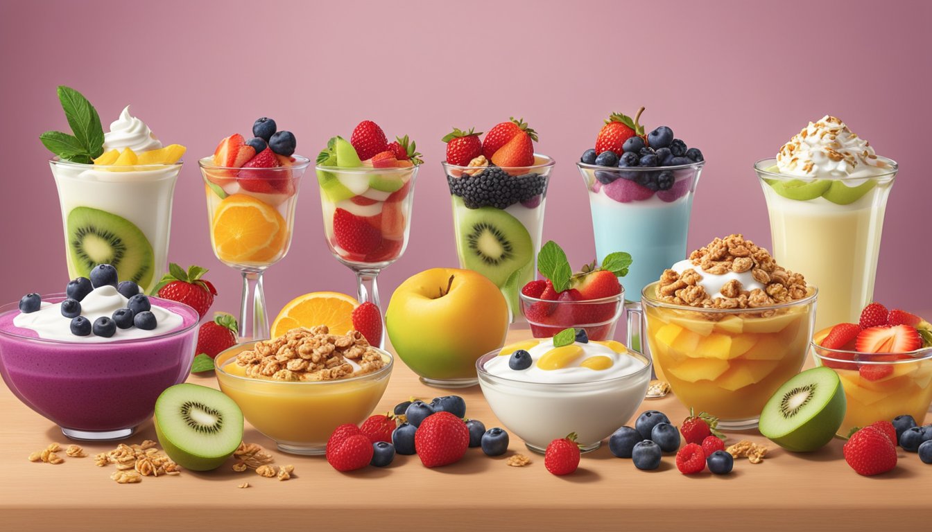 A colorful array of fresh fruits, yogurt parfaits, and granola bowls displayed next to decadent desserts at Applebee's