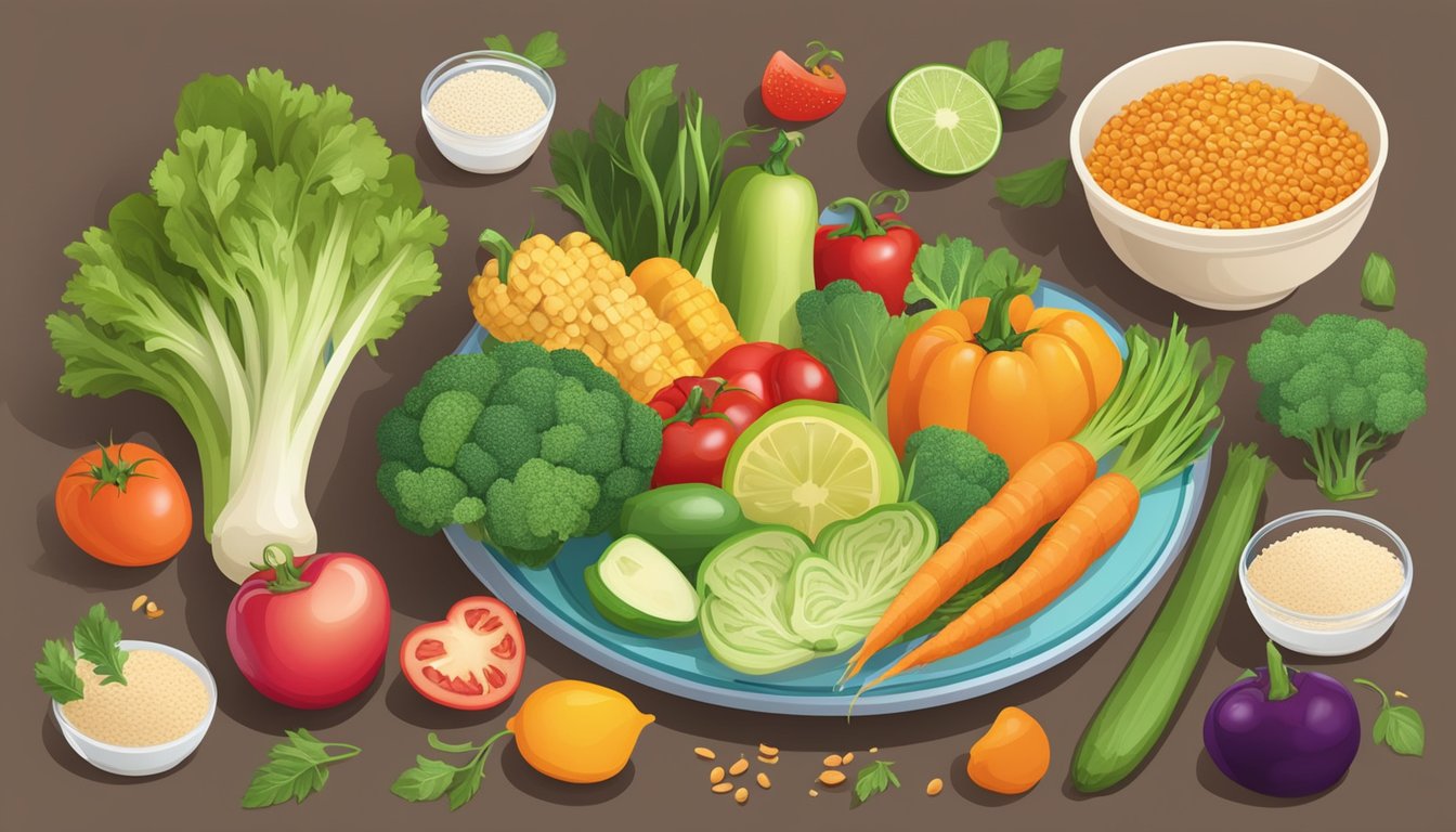 A table set with a variety of fresh, colorful vegetables and fruits, alongside lean proteins and whole grains, with a menu featuring clear nutritional information