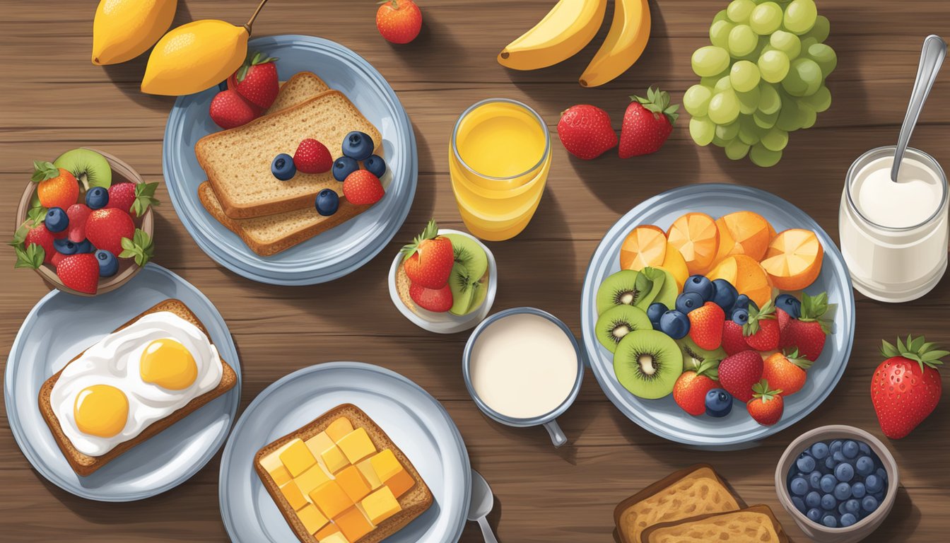 A rustic table set with a colorful array of fresh fruits, whole grain toast, and yogurt parfait at Cracker Barrel