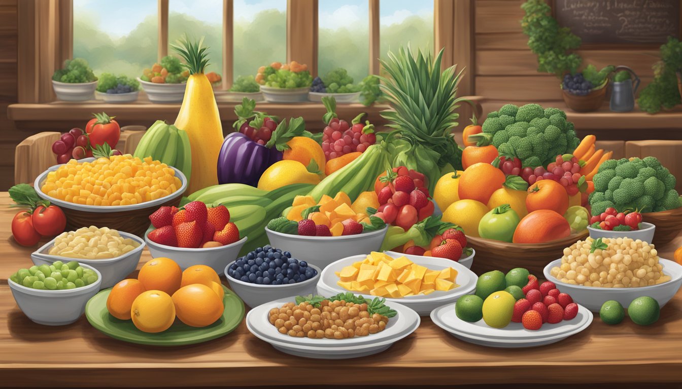 A table set with a colorful array of fresh fruits, vegetables, and lean proteins, with a menu featuring healthy options at Cracker Barrel