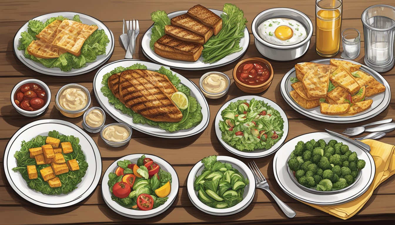 A table set with a variety of healthy dishes, including salads, grilled vegetables, and lean proteins, at a Cracker Barrel restaurant