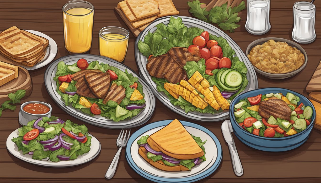 A table set with colorful salads, grilled vegetables, and lean protein options at a cozy Cracker Barrel restaurant