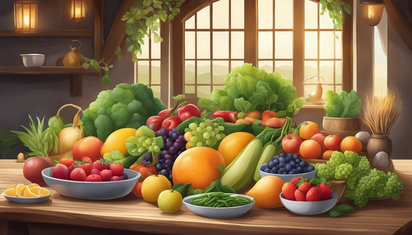 A table set with a variety of fresh fruits, vegetables, and lean proteins, surrounded by rustic decor and warm lighting