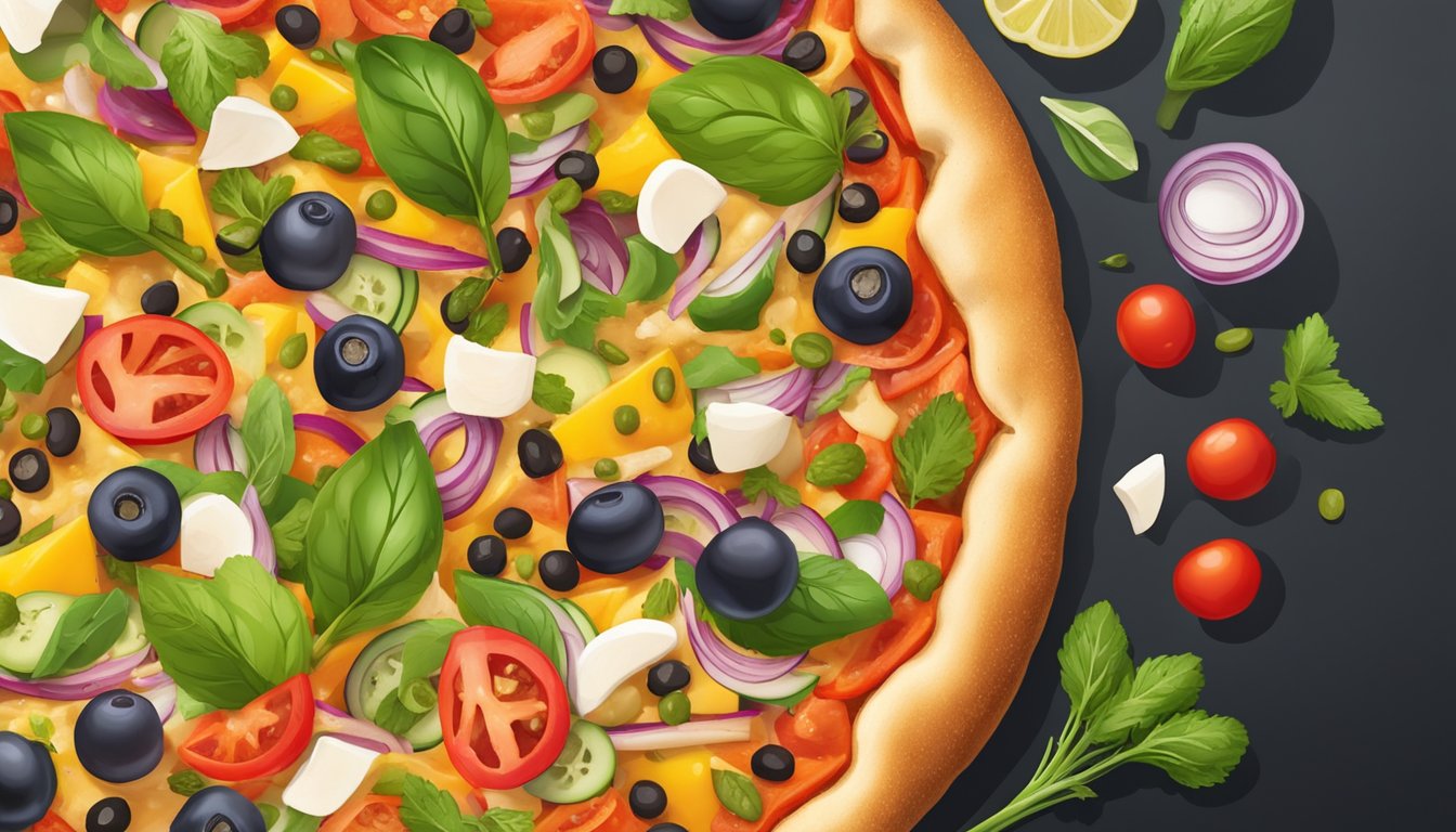 A colorful pizza loaded with fresh vegetables and lean protein, surrounded by vibrant, nutrient-rich ingredients like whole wheat crust, olive oil, and fresh herbs