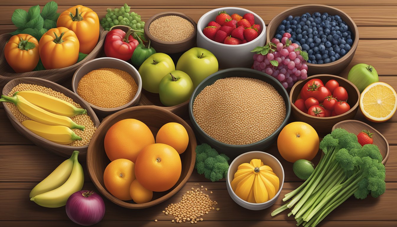 A colorful display of fresh fruits, vegetables, and whole grains arranged on a wooden table at Cracker Barrel