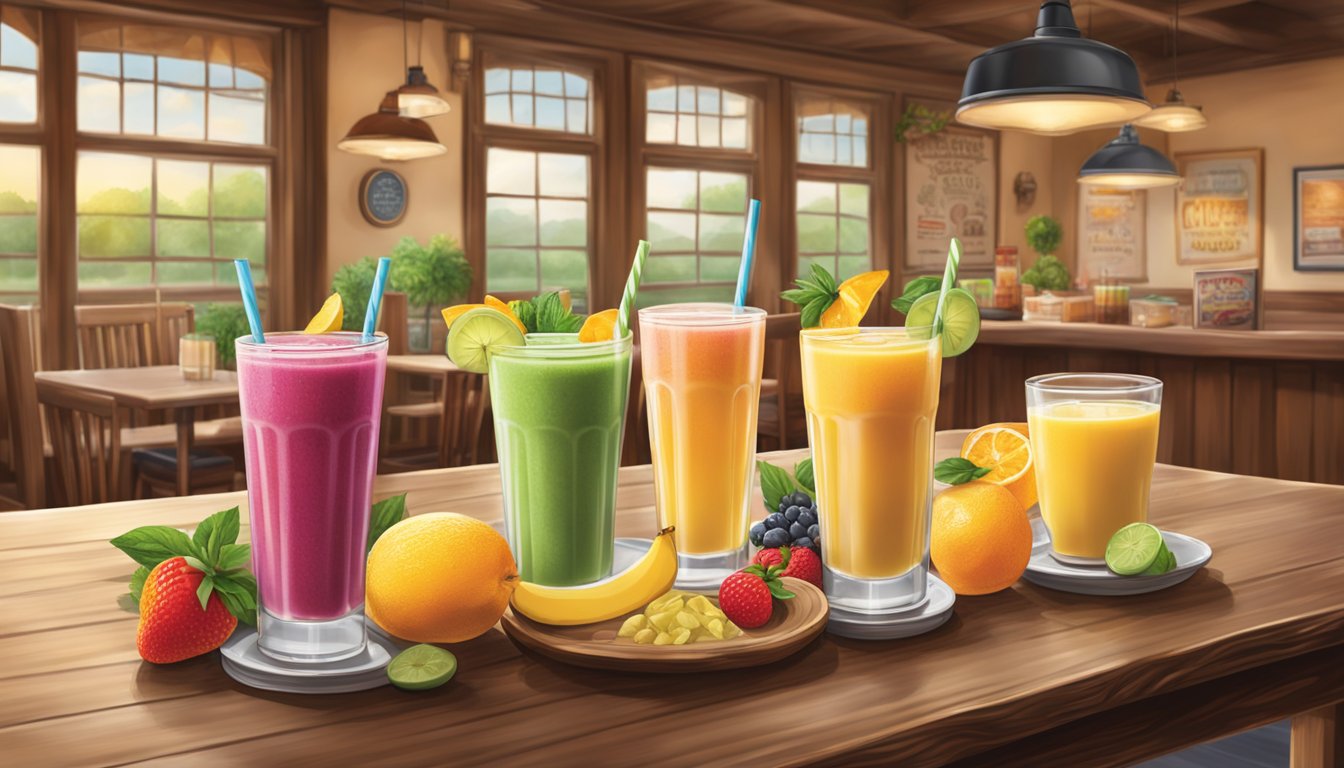 A table set with colorful fruit smoothies, herbal teas, and fresh-squeezed juices at a cozy Cracker Barrel restaurant