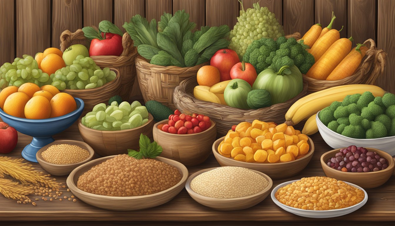 A rustic wooden table set with a variety of fresh fruits, vegetables, and whole grains, with a sign advertising "Seasonal and Regional Specialties" at Cracker Barrel