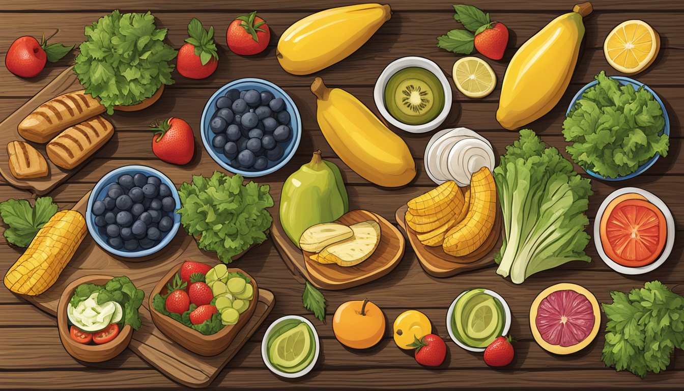 A colorful array of fresh fruits, salads, and grilled vegetables displayed on a rustic wooden table at a Cracker Barrel restaurant