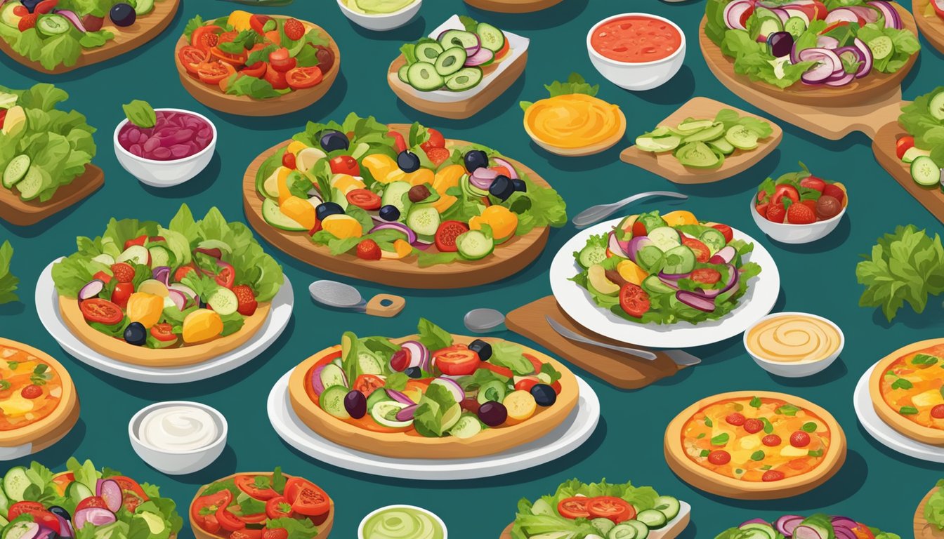 A colorful spread of fresh salads, grilled vegetables, and fruit platters surround a mouthwatering pizza d'light