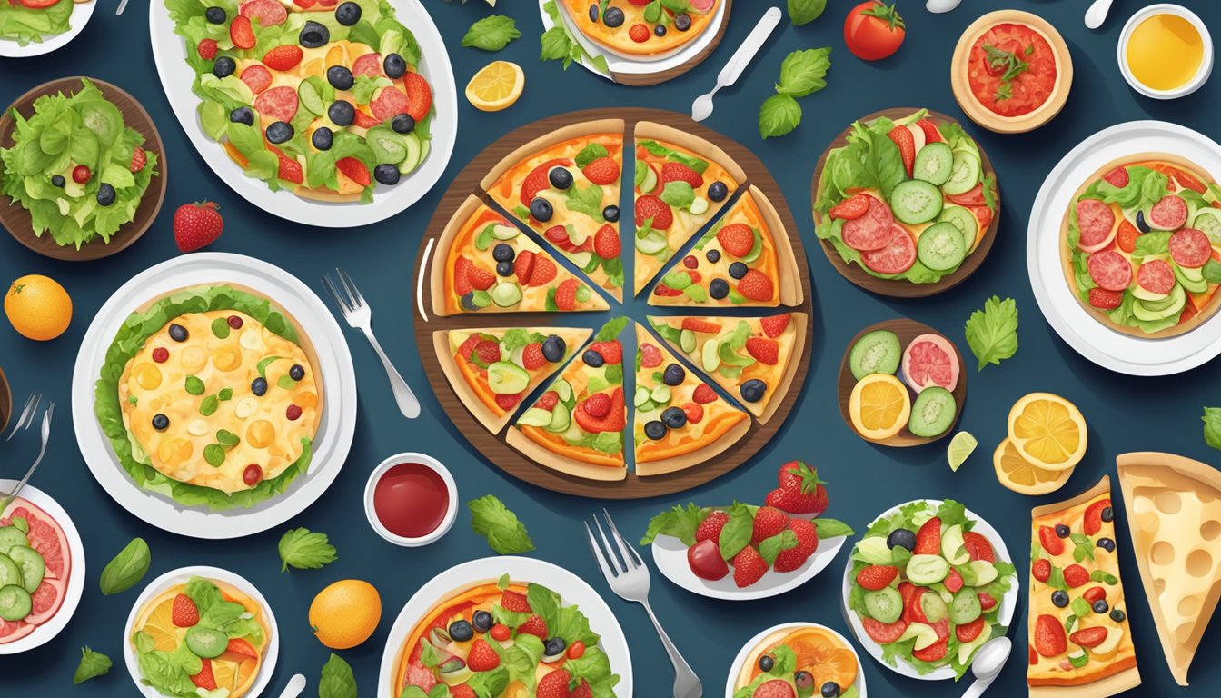 A table set with a variety of pizza slices, fresh salads, and fruit platters, with colorful plates and utensils arranged neatly