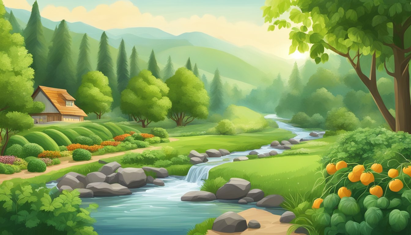 A lush green landscape with fresh fruits and vegetables growing in a garden, alongside a clear stream and a forest in the background