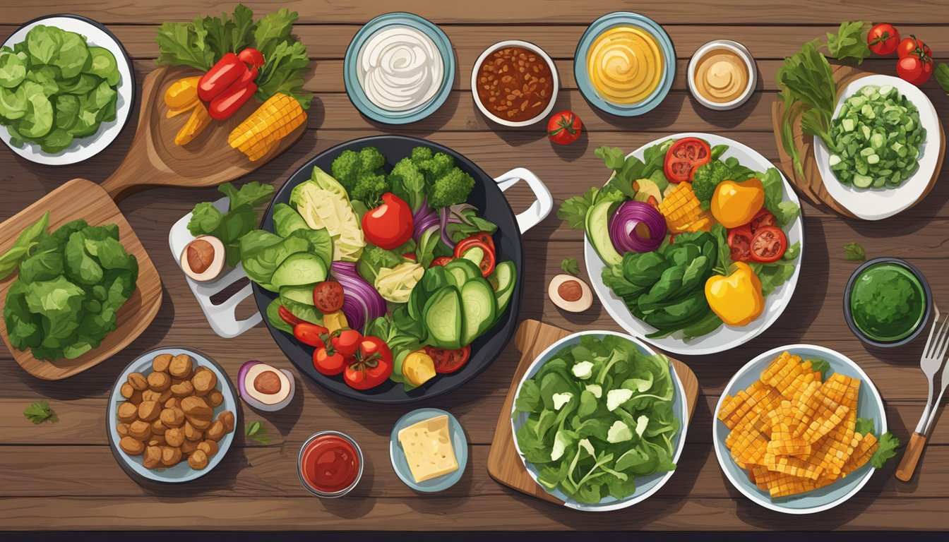 A table filled with colorful, fresh ingredients like grilled vegetables, lean proteins, and vibrant salads, arranged neatly on a rustic wooden surface