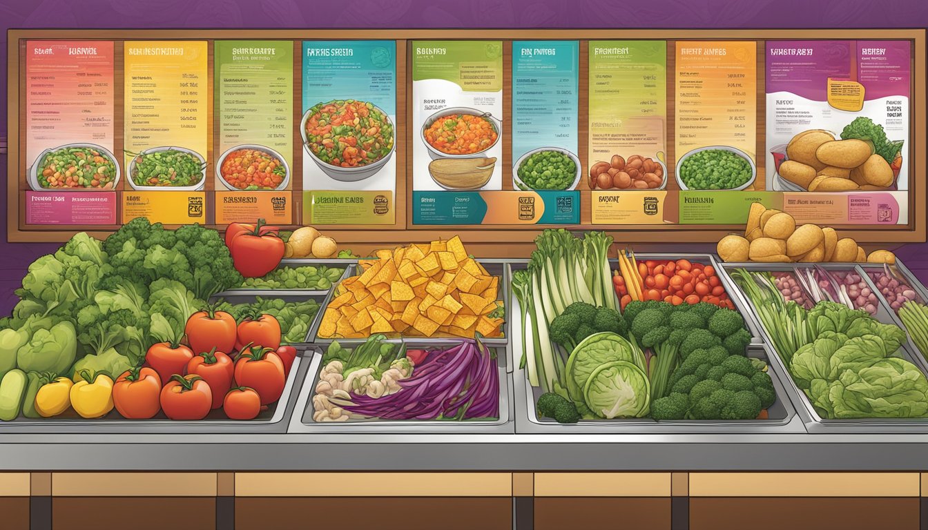 A colorful array of fresh vegetables and lean proteins displayed on a menu board at Moe's, surrounded by images of vibrant, healthy ingredients