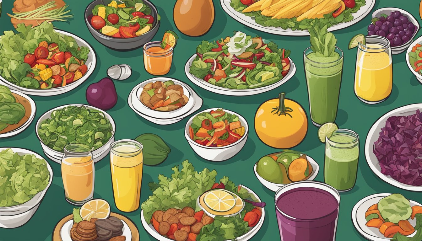 A colorful array of fresh salads, grilled vegetables, and fruit smoothies displayed next to a variety of wholesome side dishes at Moe's