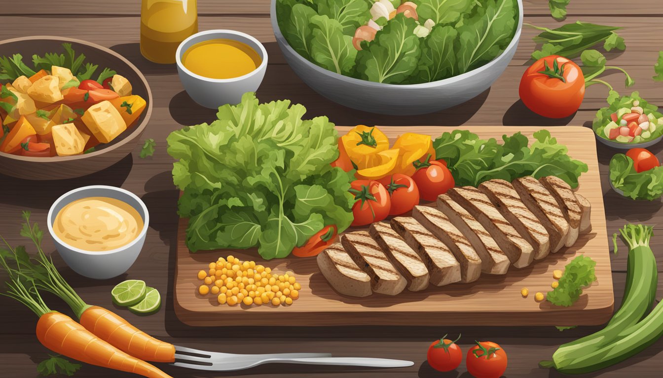 A colorful array of fresh vegetables and grilled lean proteins displayed on a wooden board with a side of mixed greens and vinaigrette