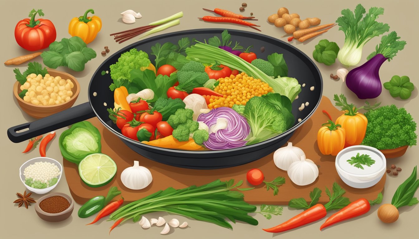 A colorful array of fresh vegetables and lean proteins being stir-fried in a wok, surrounded by aromatic herbs and spices