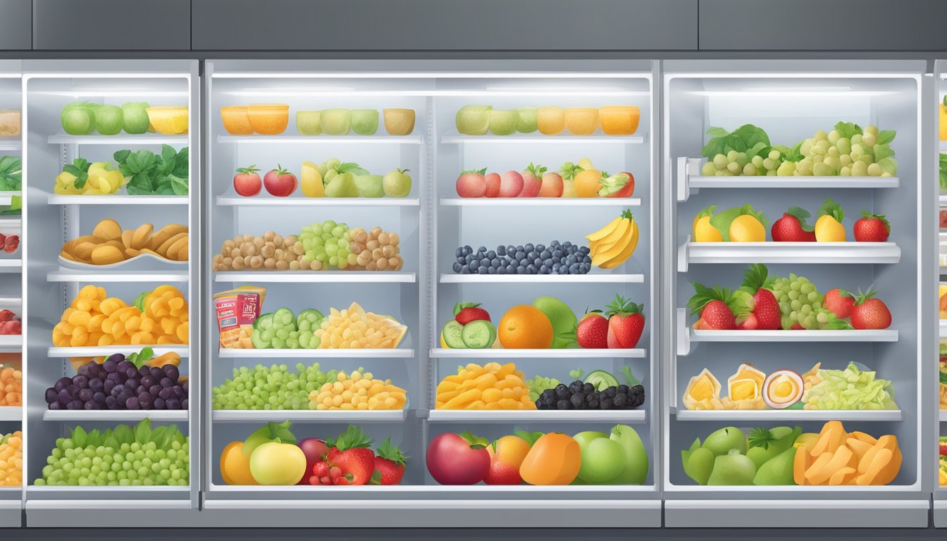 A variety of fresh fruits, salads, and pre-packaged healthy snacks neatly displayed in the convenience store refrigerator and shelves