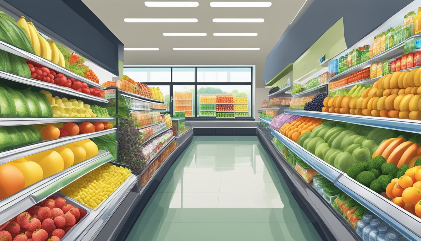 A display of fresh fruits, salads, and bottled water in a well-lit section of the 7/11 store