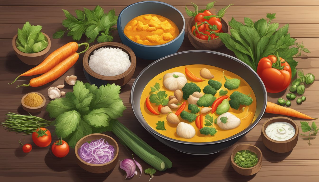 A colorful spread of fresh vegetables, lean proteins, and fragrant herbs on a wooden table, with a steaming bowl of Thai curry in the center