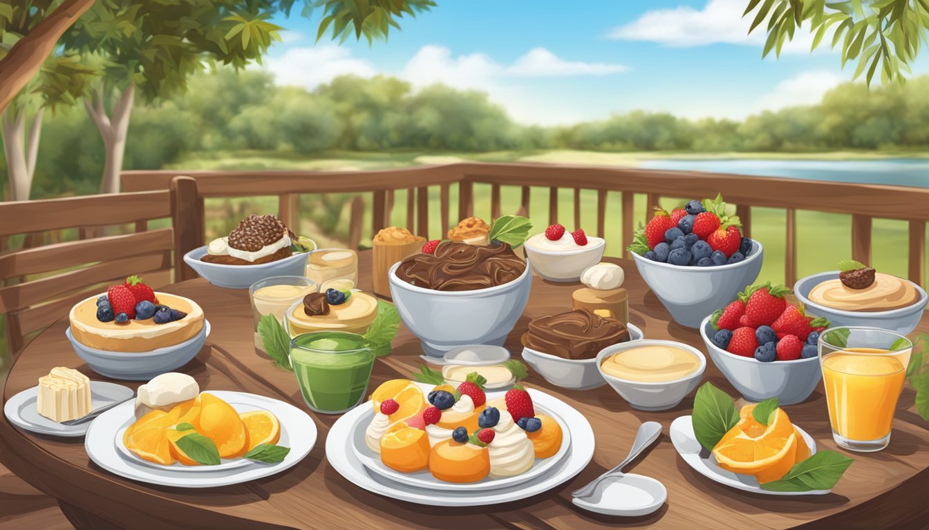 A table set with various healthy dessert options in an outdoor setting at an Outback location