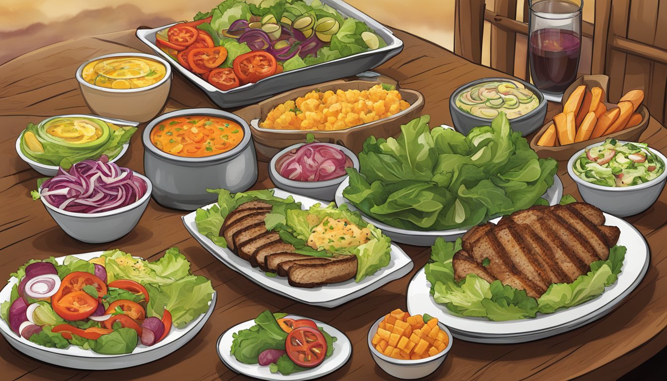 A table set with a colorful array of fresh salads, grilled vegetables, and lean proteins at an Outback Steakhouse