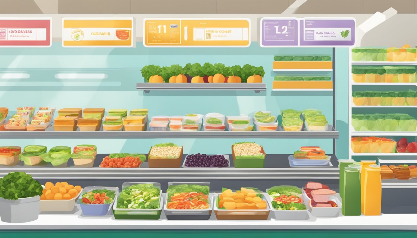 A display of fresh salads, sandwiches, and fruit cups next to a counter with hot meals and healthy options at a 7/11 convenience store