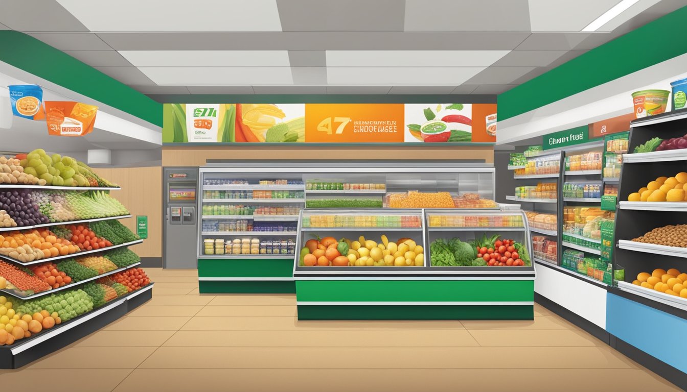 A display of fresh fruits and vegetables, alongside local dairy products and whole grain snacks, at a 7/11 convenience store