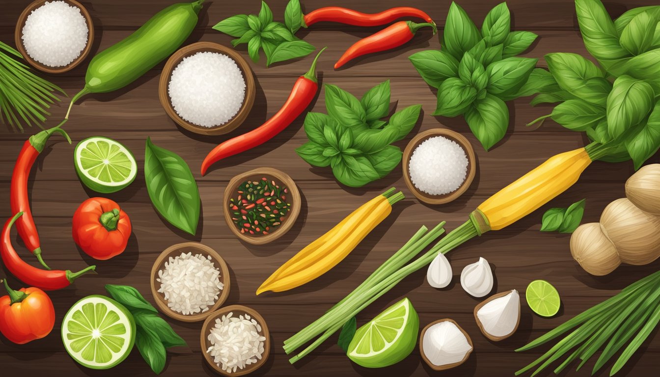 A colorful spread of fresh Thai ingredients: lemongrass, chili peppers, basil, lime, coconut, and vegetables arranged on a wooden cutting board