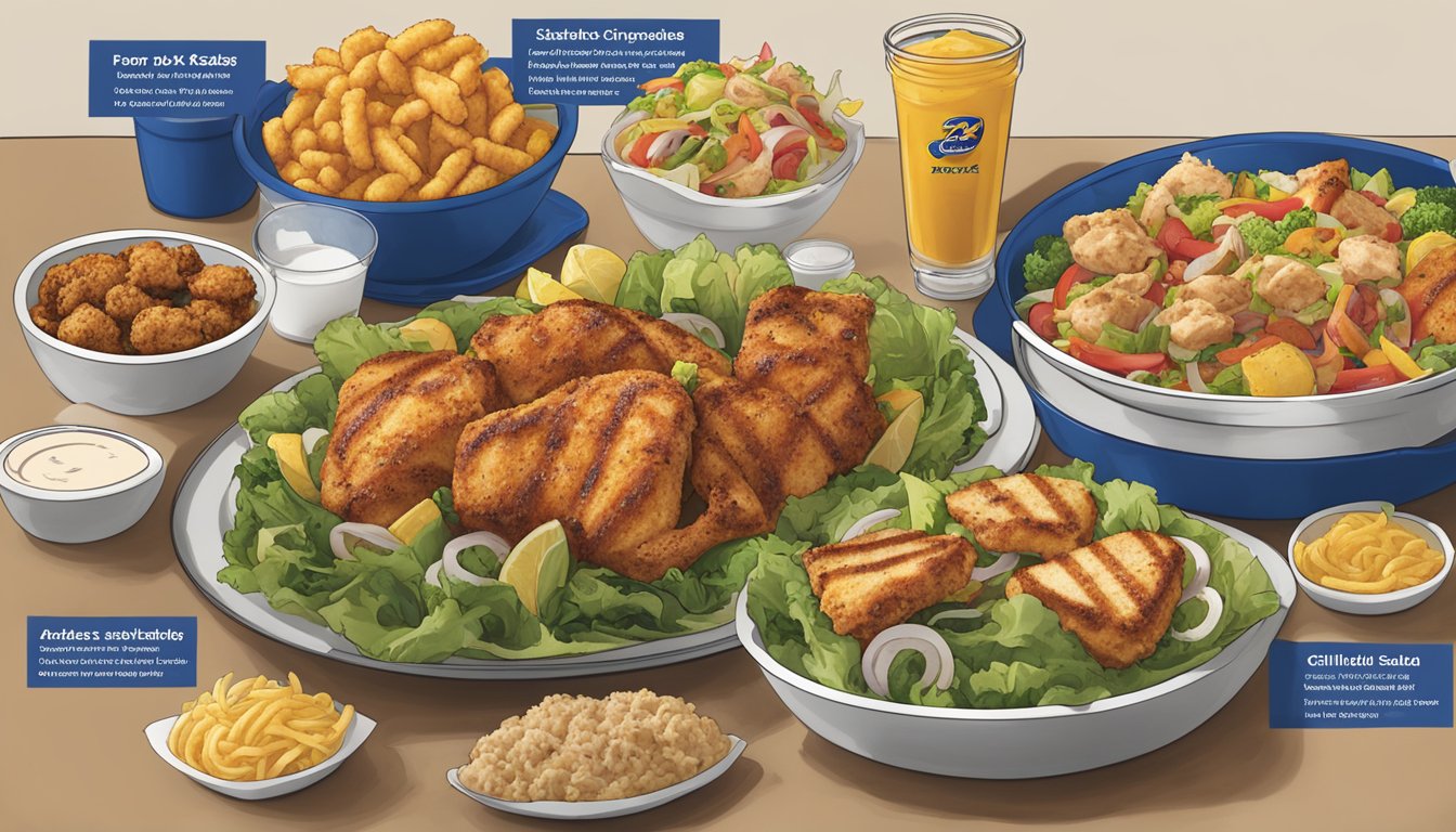 A table with a variety of Zaxby's menu items, including salads, grilled chicken, and vegetable sides, with nutritional information displayed