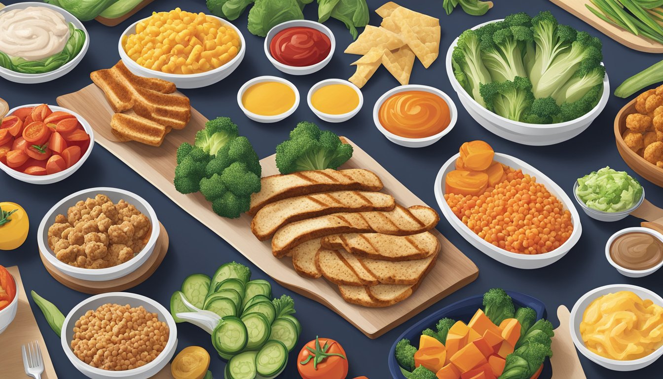 A colorful array of fresh vegetables and lean proteins arranged on a table, with a variety of healthy meal options from Zaxby's