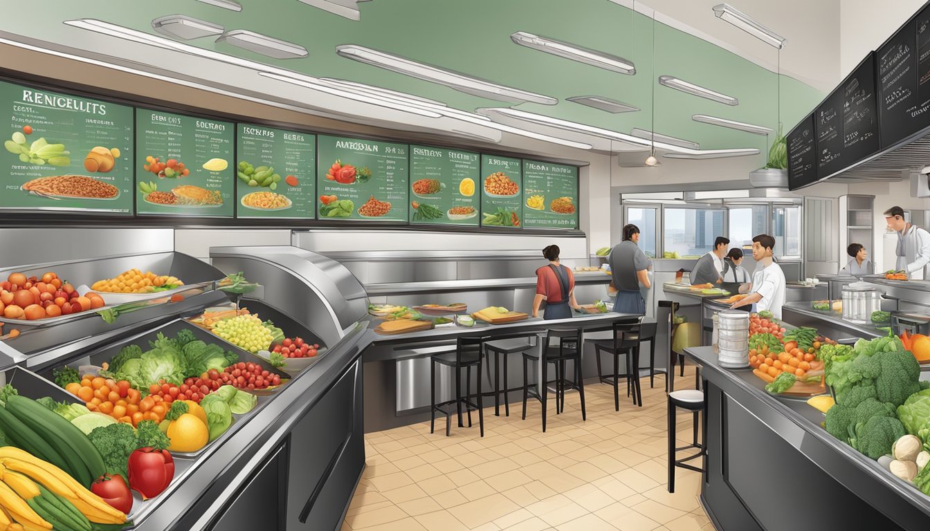 A bustling restaurant with a variety of fresh fruits, vegetables, and lean proteins displayed prominently on the menu board