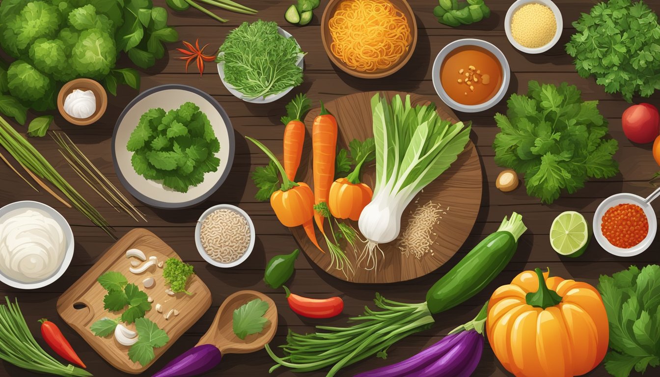 A colorful spread of fresh vegetables, herbs, and lean proteins arranged on a wooden table, surrounded by traditional Thai cooking utensils