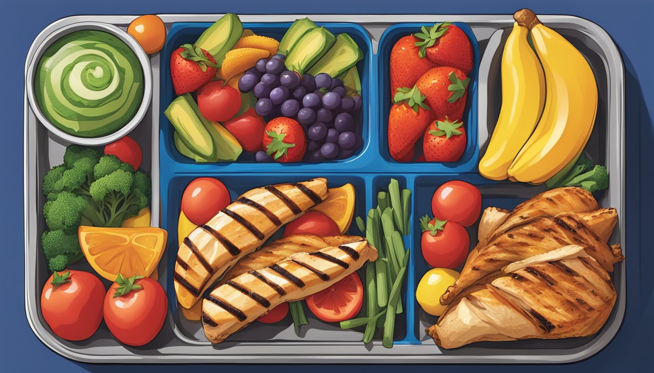 A colorful display of fresh fruits, vegetables, and grilled chicken on a vibrant kids' meal tray at Zaxby's