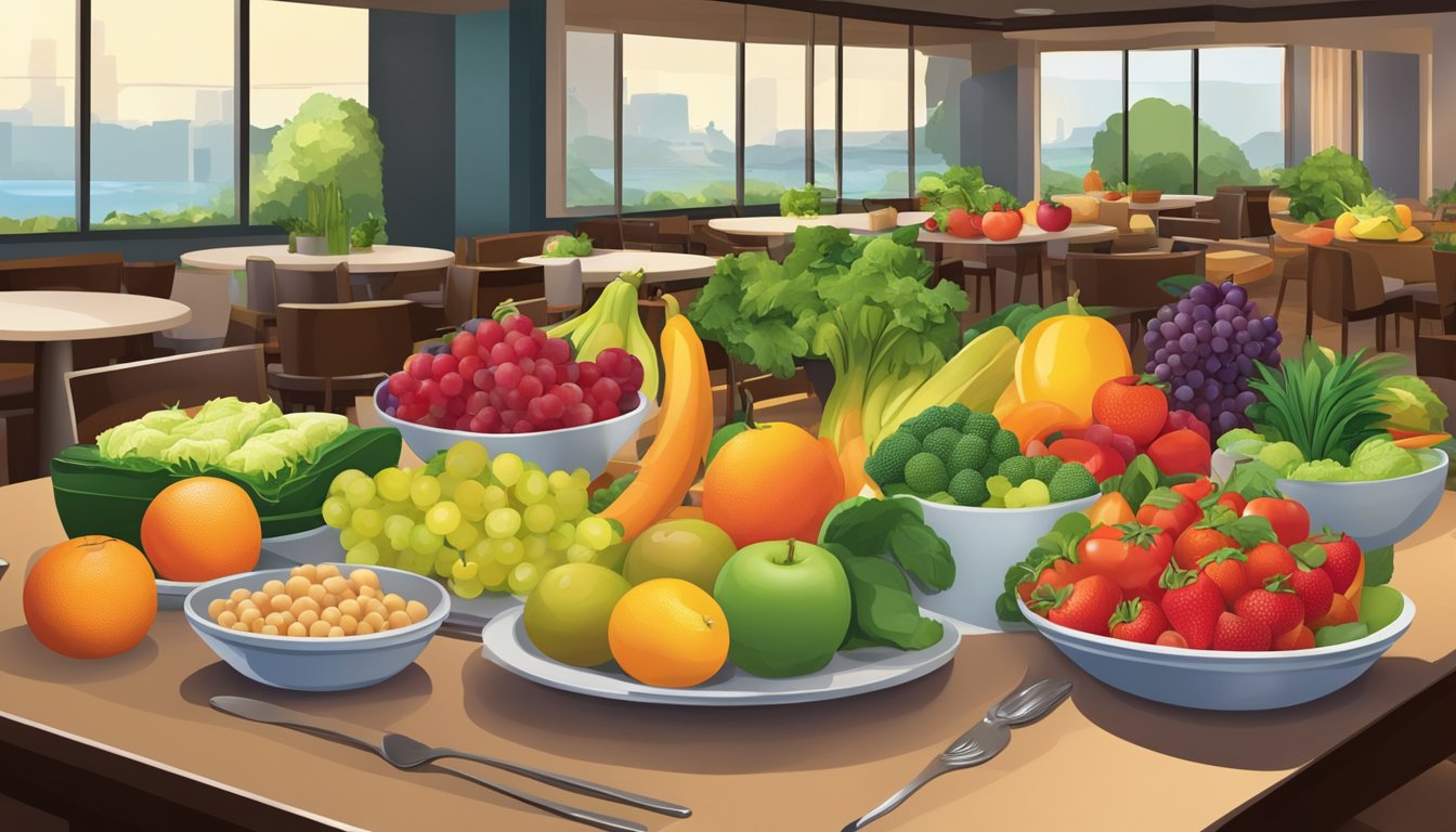 A colorful array of fresh fruits, vegetables, and lean proteins displayed on a table in a restaurant setting